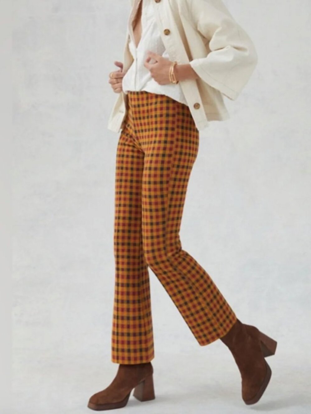 Anthropologie Maeve Margot Kick Flare Cropped Pant gold orange navy plaid XS EUC